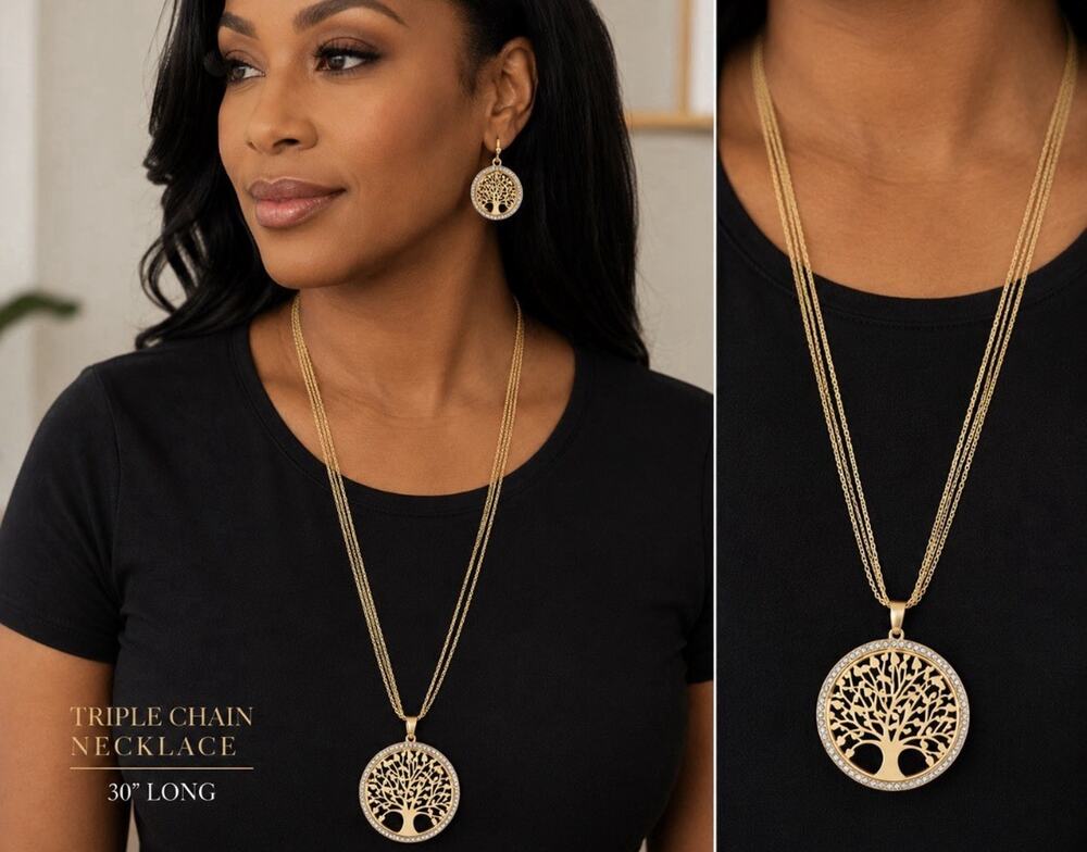 Pandora's Box Tree of Life 30” Tri-chain Necklace & Earring Set NEW in Box Long